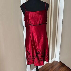 Younique Red Satin Spaghetti-Strap Mini Dress with Black Floral Hem